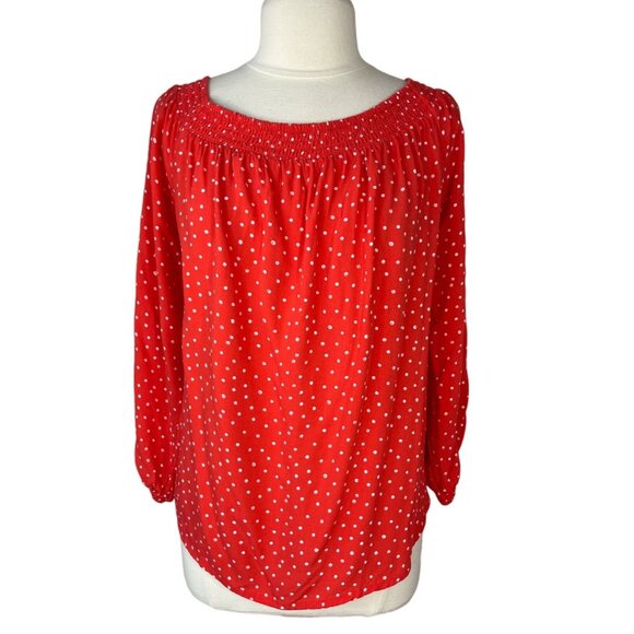 Maurices Off Shoulder Blouse Shirt Womens 1X Orange Polkadots Embroidered - Picture 3 of 10